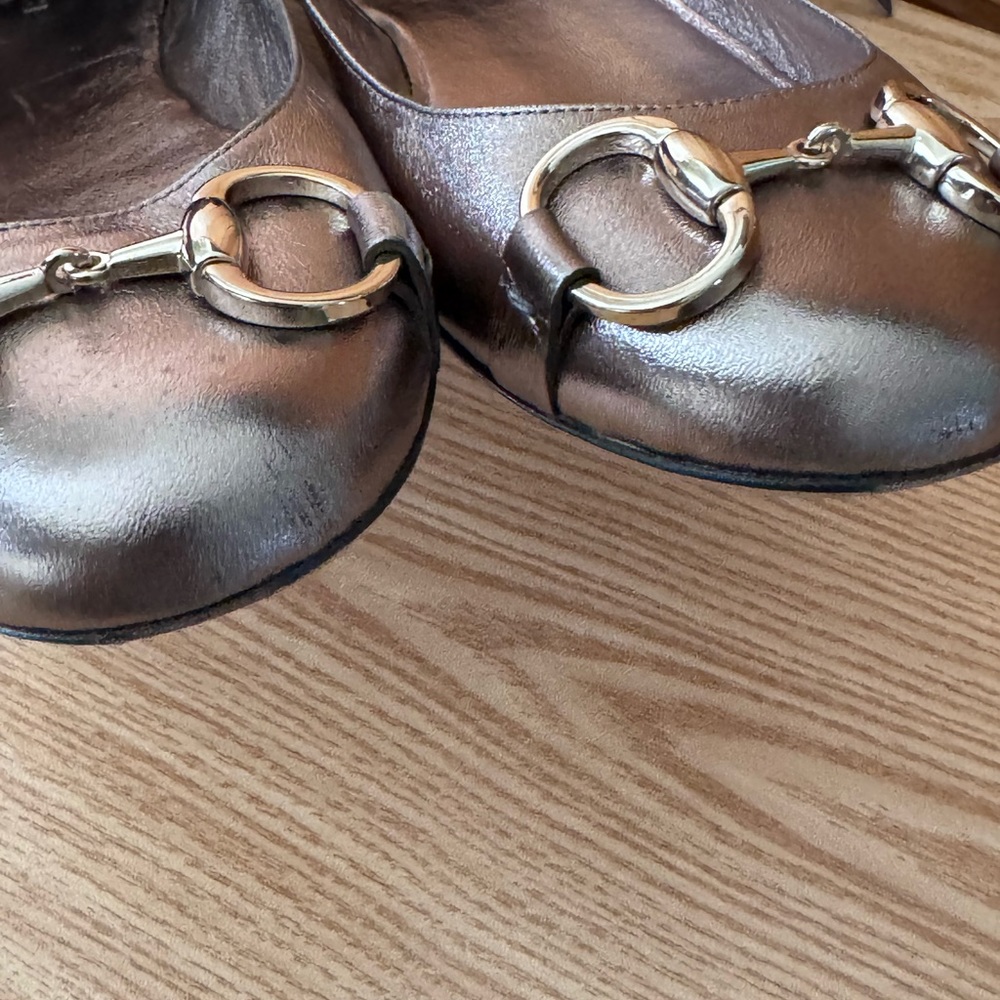 Gucci Horsebit Women 7B Ballet Flats Shoes Bronze Pewter Ankle Strap Mary Jane - Picture 9 of 11